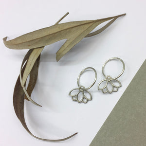 Ruby sleeper hoops silver lotus earring, July birthstone.