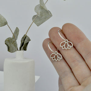 Garnet small hoops silver lotus earring, January birthstone.