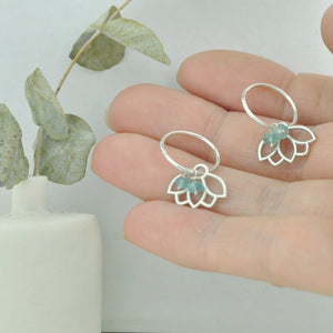 Aquamarine Lotus hoops silver earring.