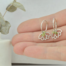 Peridot August birthstone solid silver hoops, lotus charm.