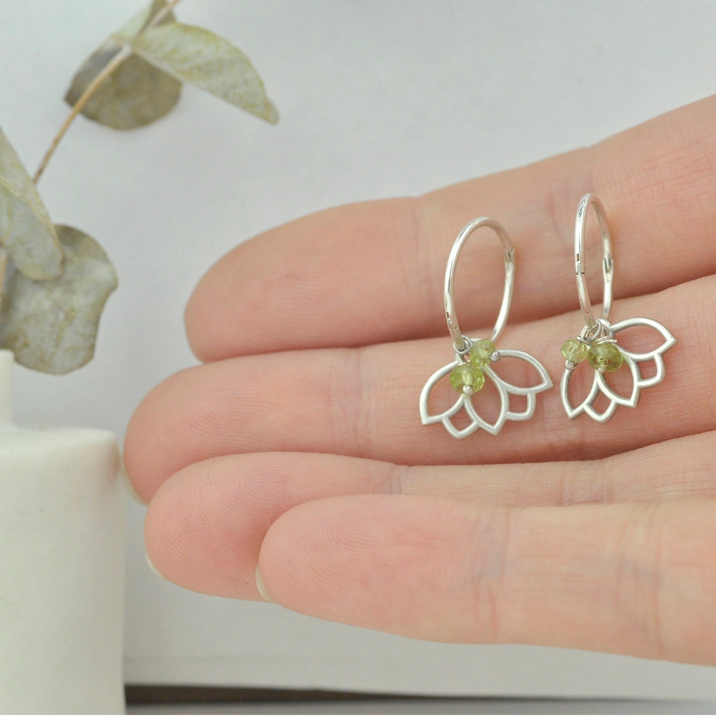 Peridot August birthstone solid silver hoops, lotus charm.