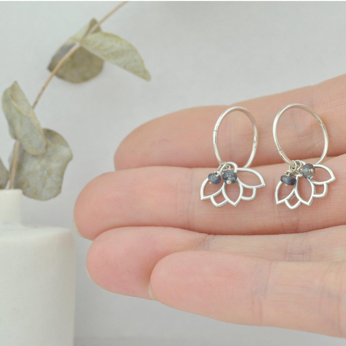 Sapphire September birthstone solid silver sleeper hoops, lotus charm.