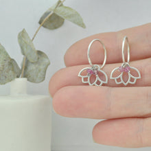 Pink Tourmaline October birthstone silver sleeper hoops, lotus charm.