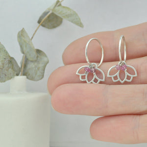 Pink Tourmaline October birthstone silver sleeper hoops, lotus charm.