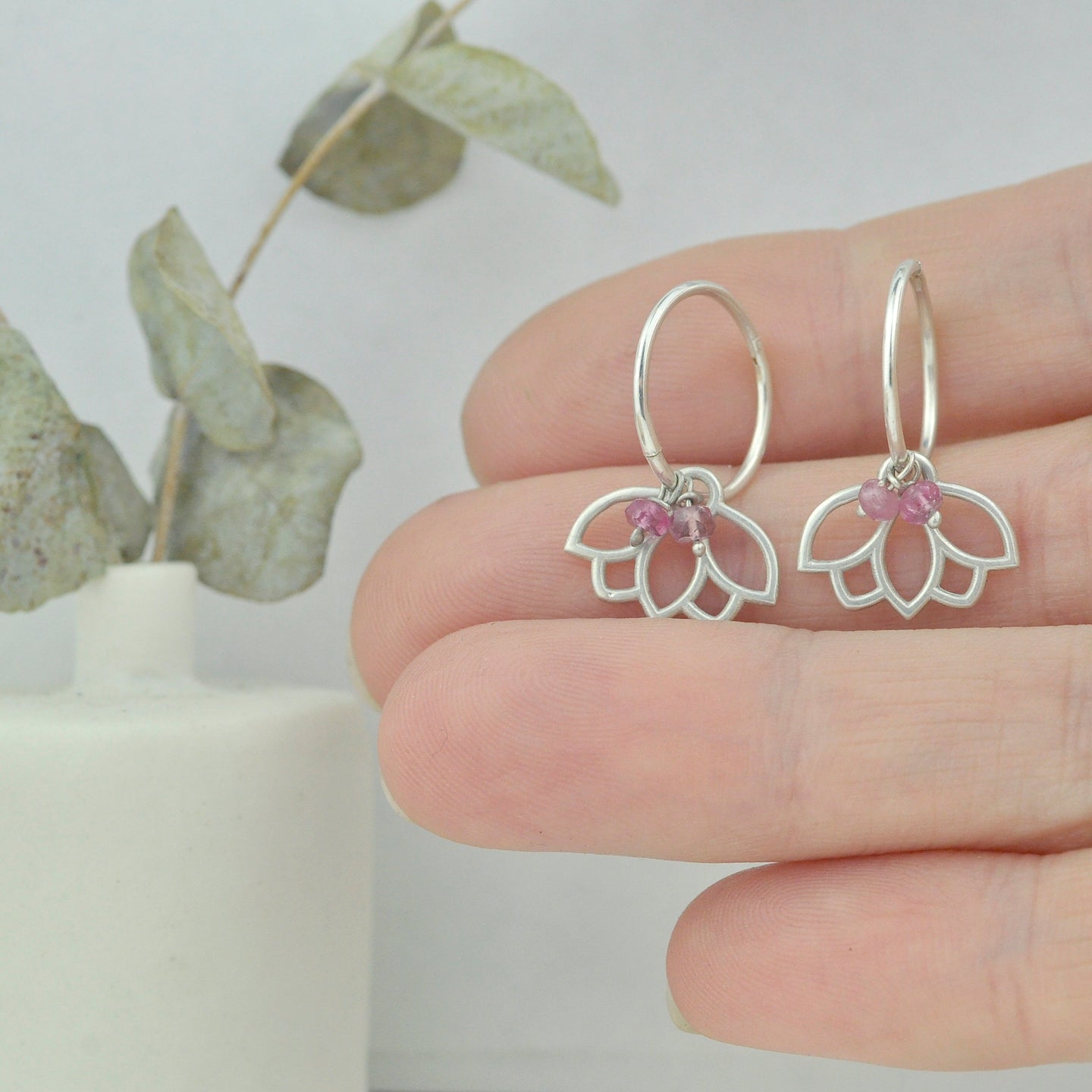 Pink Tourmaline October birthstone silver sleeper hoops, lotus charm.