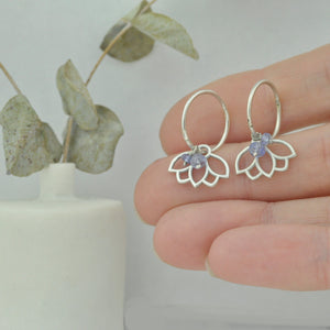 Tanzanite December birthstone solid silver sleeper hoops, lotus charm.
