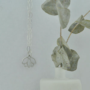 Aquamarine March Birthstone sterling silver tiny charm necklace with Lotus petal.