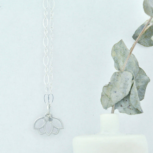 Grey Diamond April Birthstone sterling silver tiny charm necklace with Lotus petal.