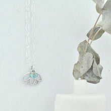 Aquamarine March Birthstone sterling silver tiny charm necklace with Lotus petal.