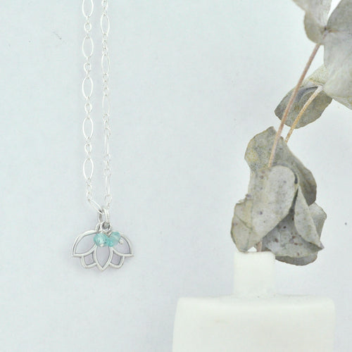 Aquamarine March Birthstone sterling silver tiny charm necklace with Lotus petal.