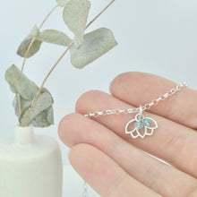 Aquamarine March Birthstone sterling silver tiny charm necklace with Lotus petal.