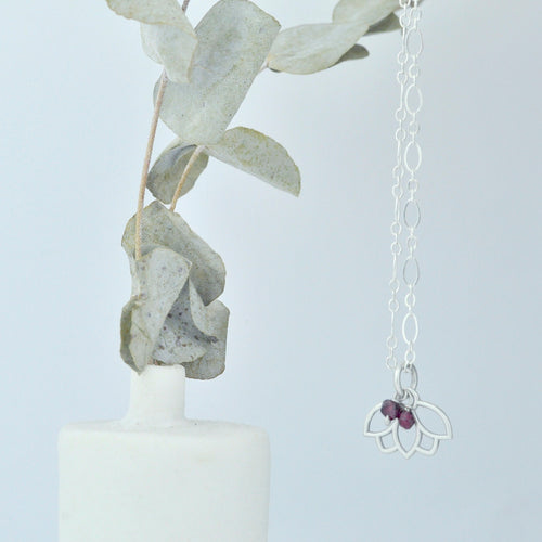 Garnet January Birthstone sterling silver minimal necklace with Lotus petal charm.