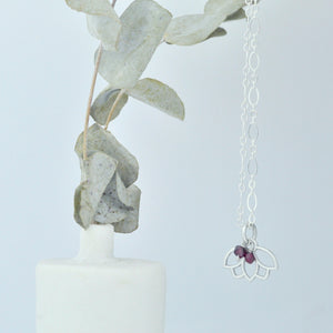 Garnet January Birthstone sterling silver minimal necklace with Lotus petal charm.
