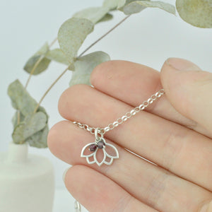 Garnet January Birthstone sterling silver minimal necklace with Lotus petal charm.