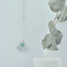 Emerald May Birthstone sterling silver Lotus charm necklace.