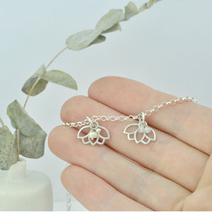 Pearl sterling silver Lotus charm necklace, June birthstone.