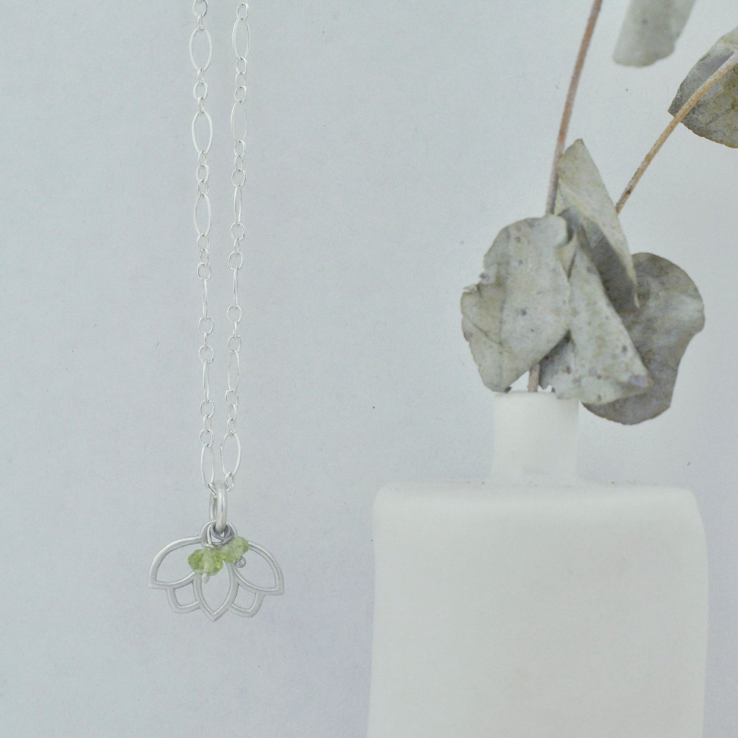 Peridot August Birthstone sterling silver Lotus charm necklace.
