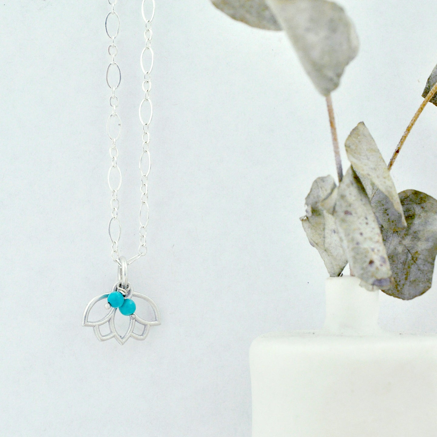 Turquoise December Birthstone sterling silver minimal layering necklace with Lotus petal