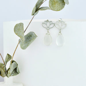 Moonstone earring, sterling silver lotus drop studs.