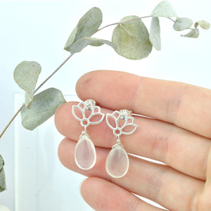 Moonstone earring, sterling silver lotus drop studs.