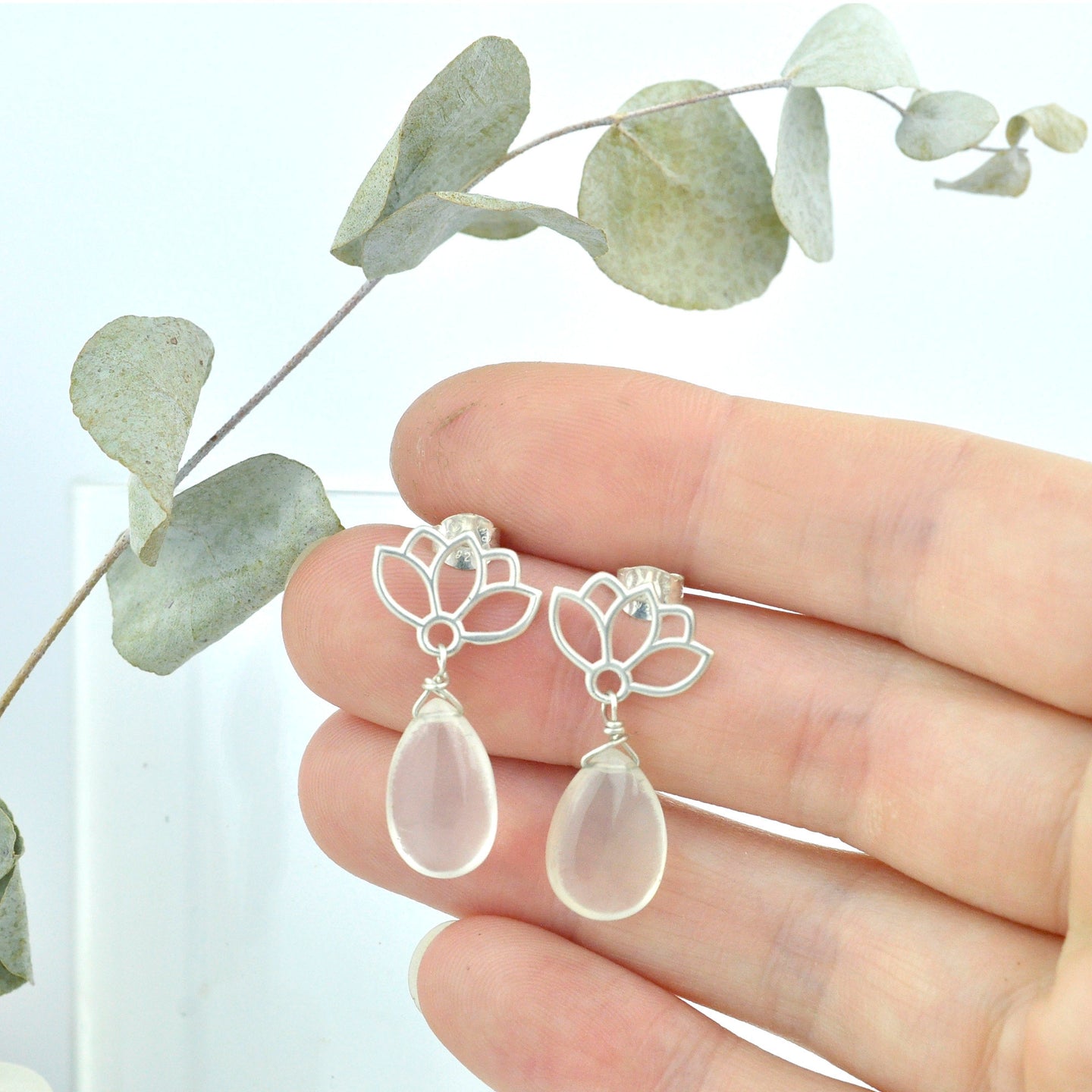 Moonstone earring, sterling silver lotus drop studs.