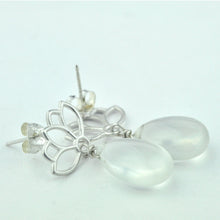 Moonstone earring, sterling silver lotus drop studs.