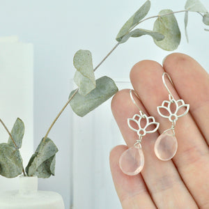 Rose Quartz earring, sterling silver lotus dangle earrings.