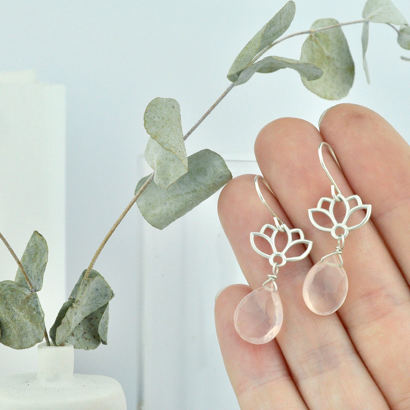 Rose Quartz earring, sterling silver lotus dangle earrings.