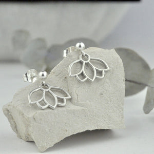 Recycled silver stud earring, Lotus charm.