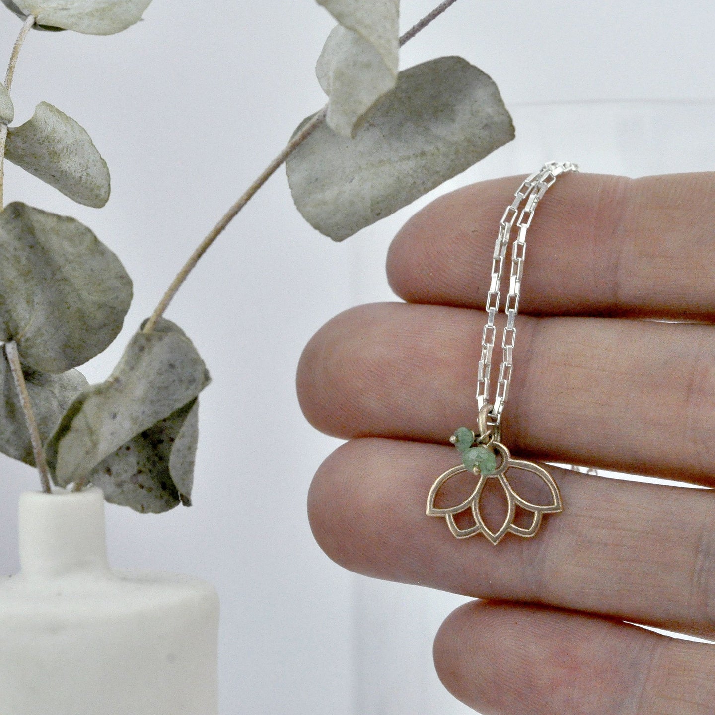 9ct Yellow Gold Emerald Lotus charm necklace.