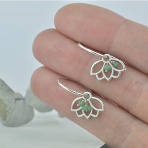 Emerald hoops silver lotus earring, May birthstone.