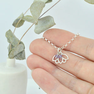 Amethyst February Birthstone Lotus charm Sterling Silver Bracelet