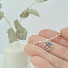 Natural Sapphire September Birthstone sterling silver bracelet with Lotus petal charm.