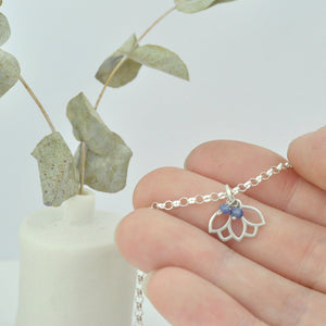 Natural Sapphire September Birthstone sterling silver bracelet with Lotus petal charm.