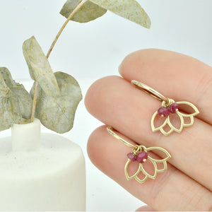 Ruby 9ct yellow gold Lotus sleeper hoop, July birthstone.