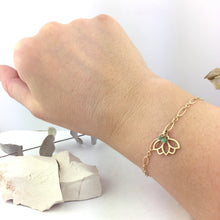 9ct Yellow Gold Lotus charm Emerald on bracelet, May Birthstone.