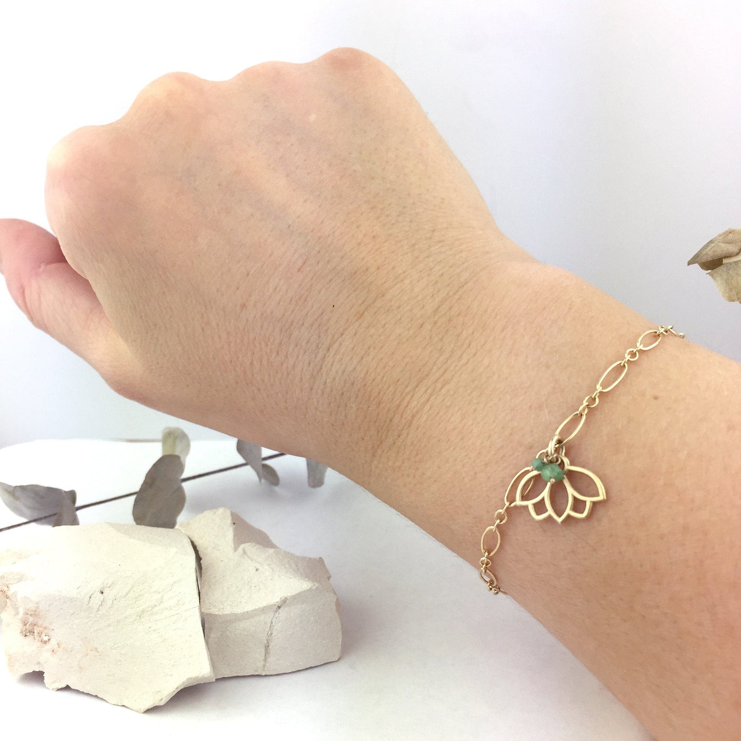 9ct Yellow Gold Lotus charm Emerald on bracelet, May Birthstone.