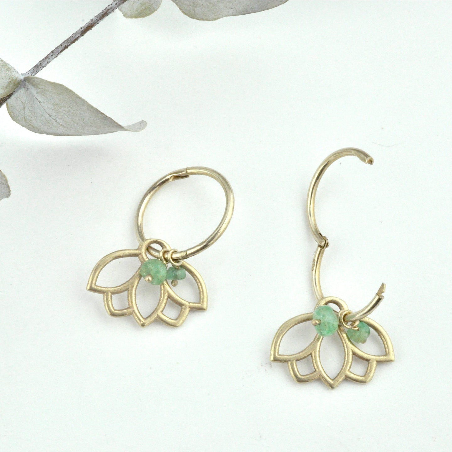 9ct gold Lotus hoops with Emerald, all birthstones available.