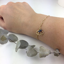 9ct Yellow Gold Blue sapphire Lotus charm on bracelet, September Birthstone.