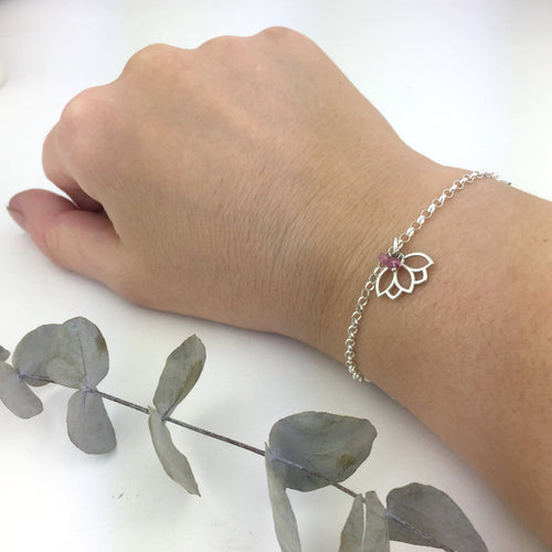 Tourmaline or Opal October Birthstone sterling silver bracelet with Lotus petal charm.