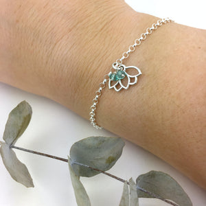 Aquamarine March Lotus Charm Silver Bracelet