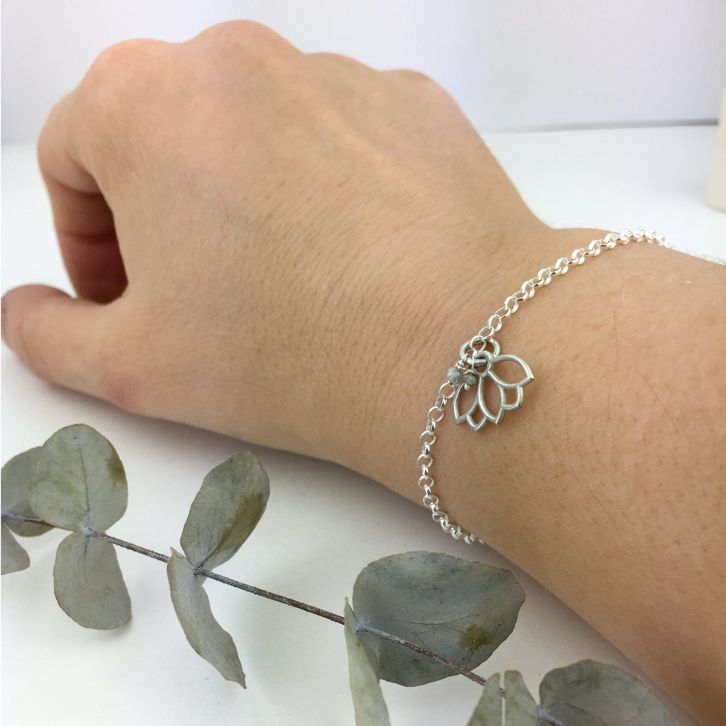 Grey Diamond April Birthstone Lotus Charm Silver Bracelet