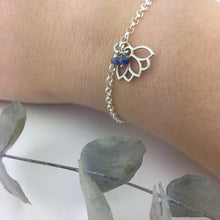 Natural Sapphire September Birthstone sterling silver bracelet with Lotus petal charm.
