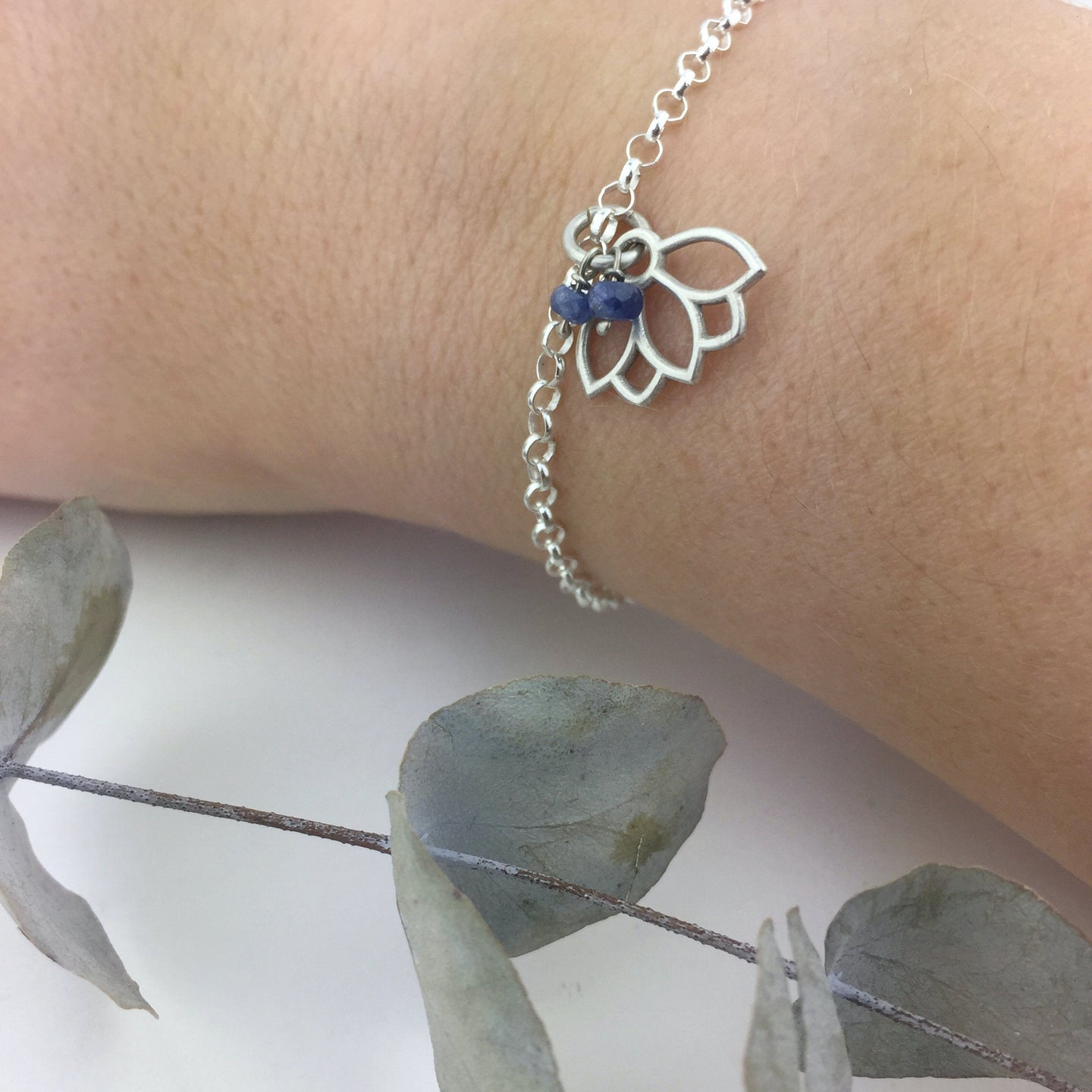 Natural Sapphire September Birthstone sterling silver bracelet with Lotus petal charm.