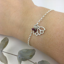 Garnet January birthstone Lotus Charm Silver Bracelet