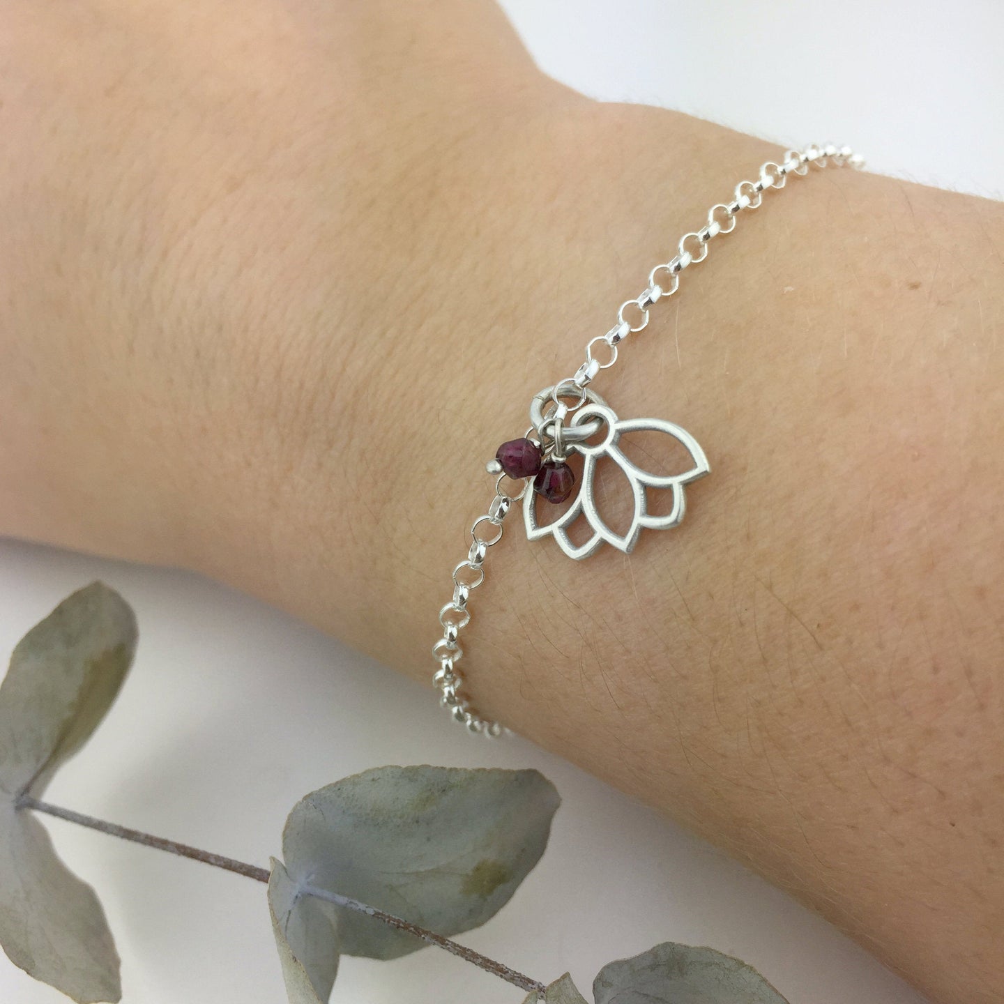 Garnet January birthstone Lotus Charm Silver Bracelet
