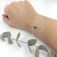 Garnet January birthstone Lotus Charm Silver Bracelet
