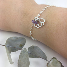 Amethyst February Birthstone Lotus charm Sterling Silver Bracelet
