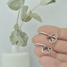 Garnet small hoops silver lotus earring, January birthstone.
