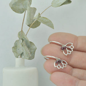 Garnet small hoops silver lotus earring, January birthstone.